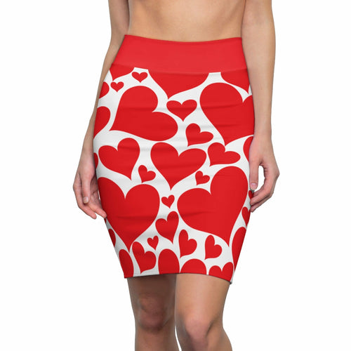Womens Pencil Mini Skirt - Love Red Hearts