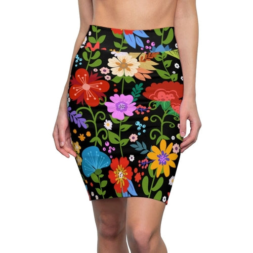 Womens Pencil Skirt - High Waist Stretch - Multicolor Floral Print -