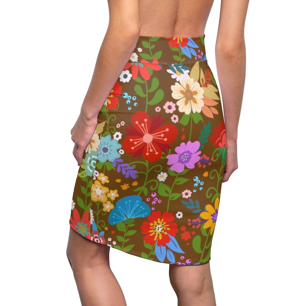 Womens Pencil Skirt - High Waist Stretch - Multicolor Floral Print