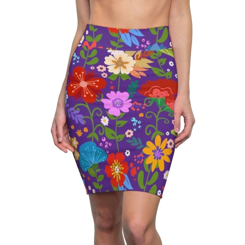 Womens Pencil Skirt - High Waist Stretch - Multicolor Floral Print -