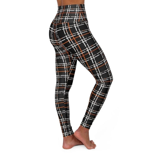 Womens High-waist Fitness Legging Yoga Pants - Black Orange Tartan