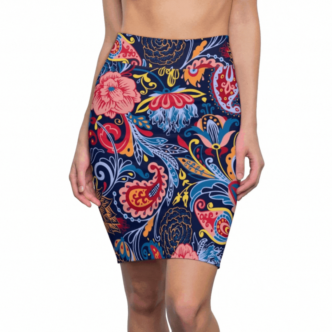 Womens Pencil Skirt - High Waist Stretch - Multicolor Floral Print