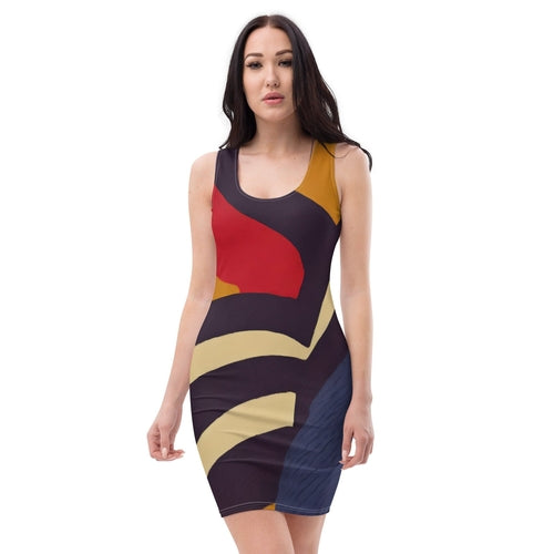 Womens Stretch Fit Bodycon Dress - Brown Red Blue Colorblock Lines