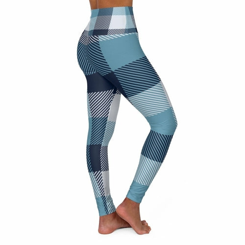 Womens High-waist Fitness Legging Yoga Pants - Blue White Plaid