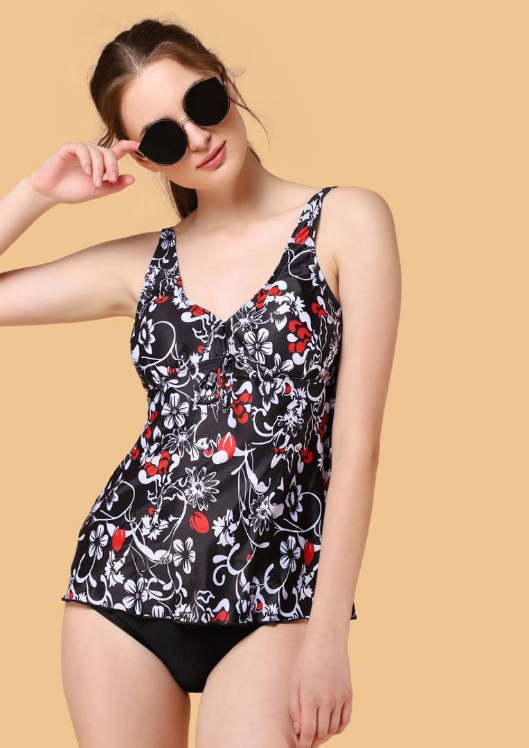 Glow Road Women's Clothing A Floral Splash Printed Black Swimwear Set