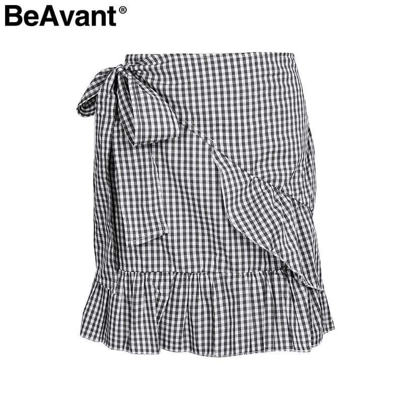 hansleii Black White Plaid / S Casual Floral Women's Beach Skirt