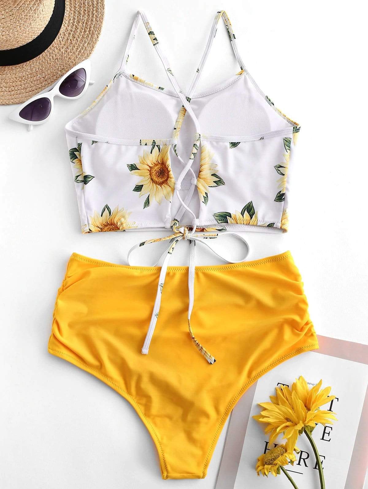 Silver Sam Women's Clothing Crisscross Ruched Sunflower Bikini Set