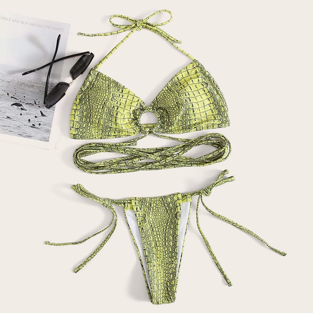 Angela Women's Clothing L / Yellow Croc Ring Linked Tie Side Bikini Swimsuit