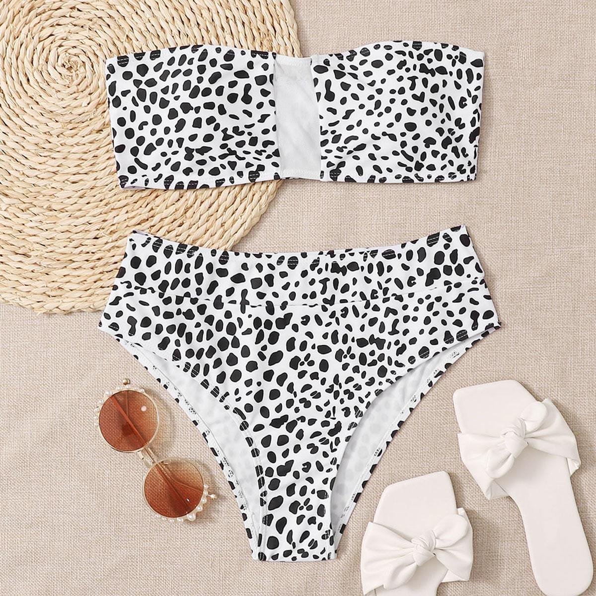 Angela Women's Clothing S / Black and White Dalmatian Contrast Mesh Bandeau Bikini Swimsuit