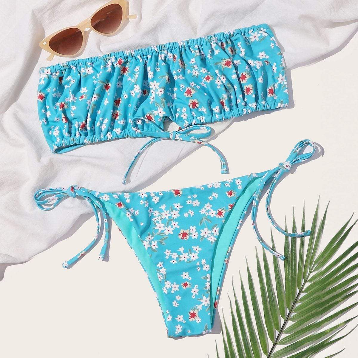 Angela Women's Clothing M / Blue Ditsy Floral Bandeau Tie Side Bikini Swimsuit