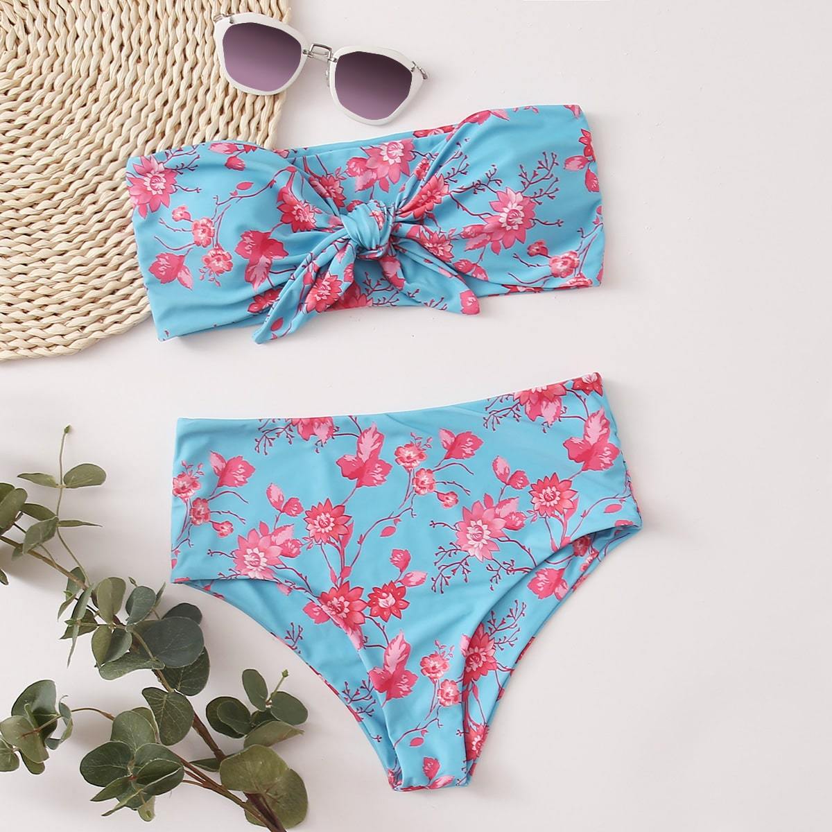 Angela Women's Clothing S / Blue Floral Knot Front Bandeau Bikini Swimsuit