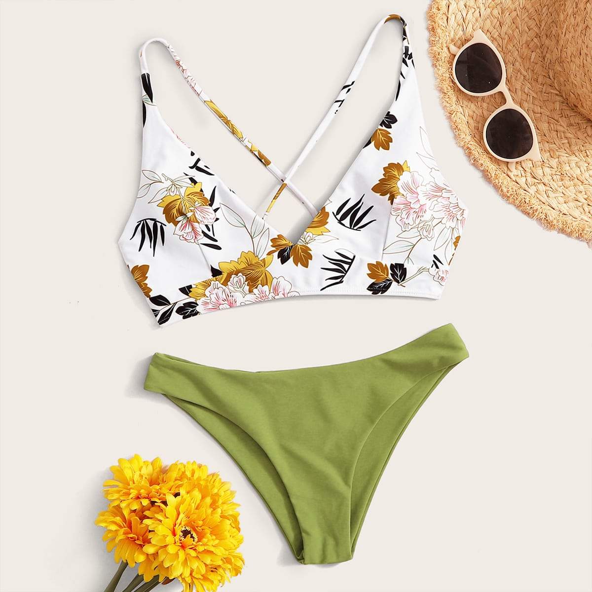 Angela Women's Clothing M / Multicolor Floral Print Lace-up Back Bikini Swimsuit