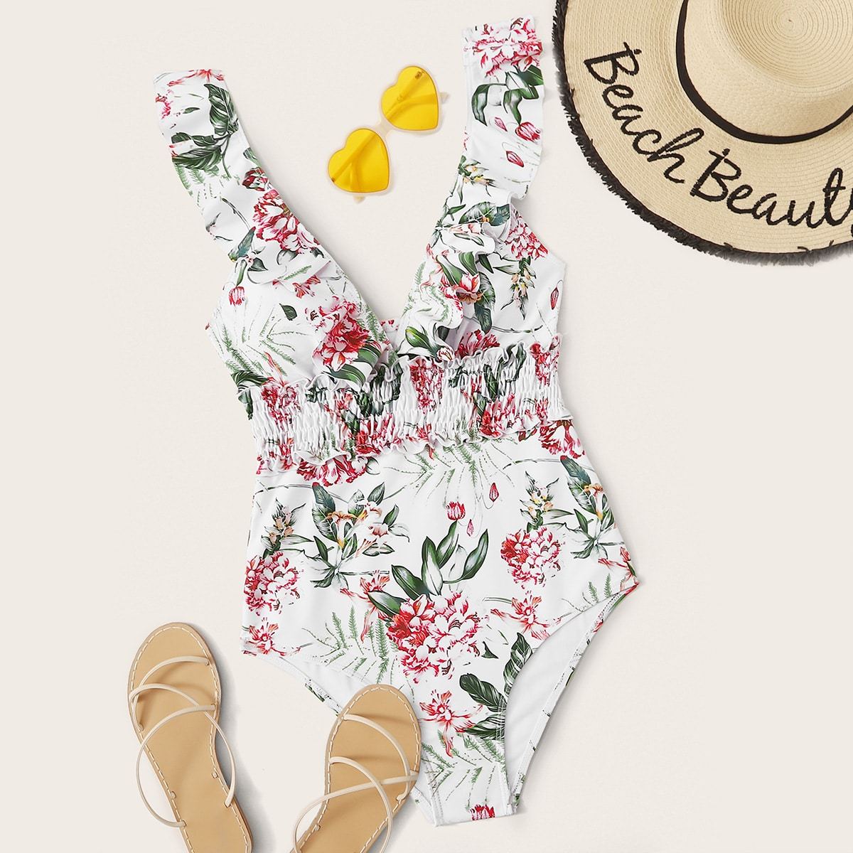 Angela Women's Clothing S / Multicolor Floral Print Smocked One Piece Swimsuit