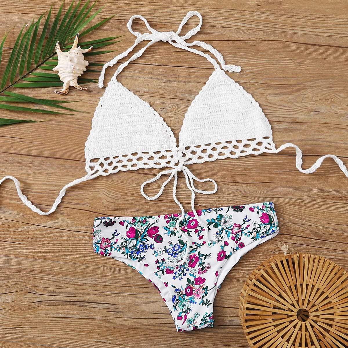 Celeste Women's Clothing L / Multicolor Floral Random Crochet Halter Bikini Swimsuit