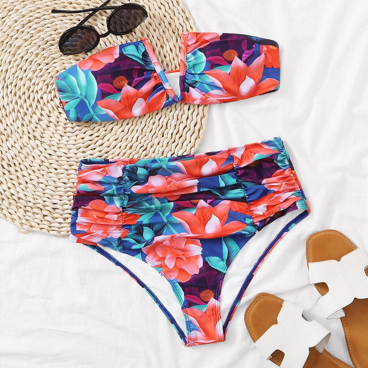 Angela Women's Clothing S / Multicolor Floral V Wired Bandeau High Waisted Bikini Swimsuit