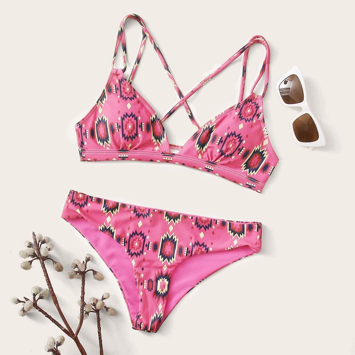 Angela Women's Clothing Geo Print Crisscross Bikini Swimsuit