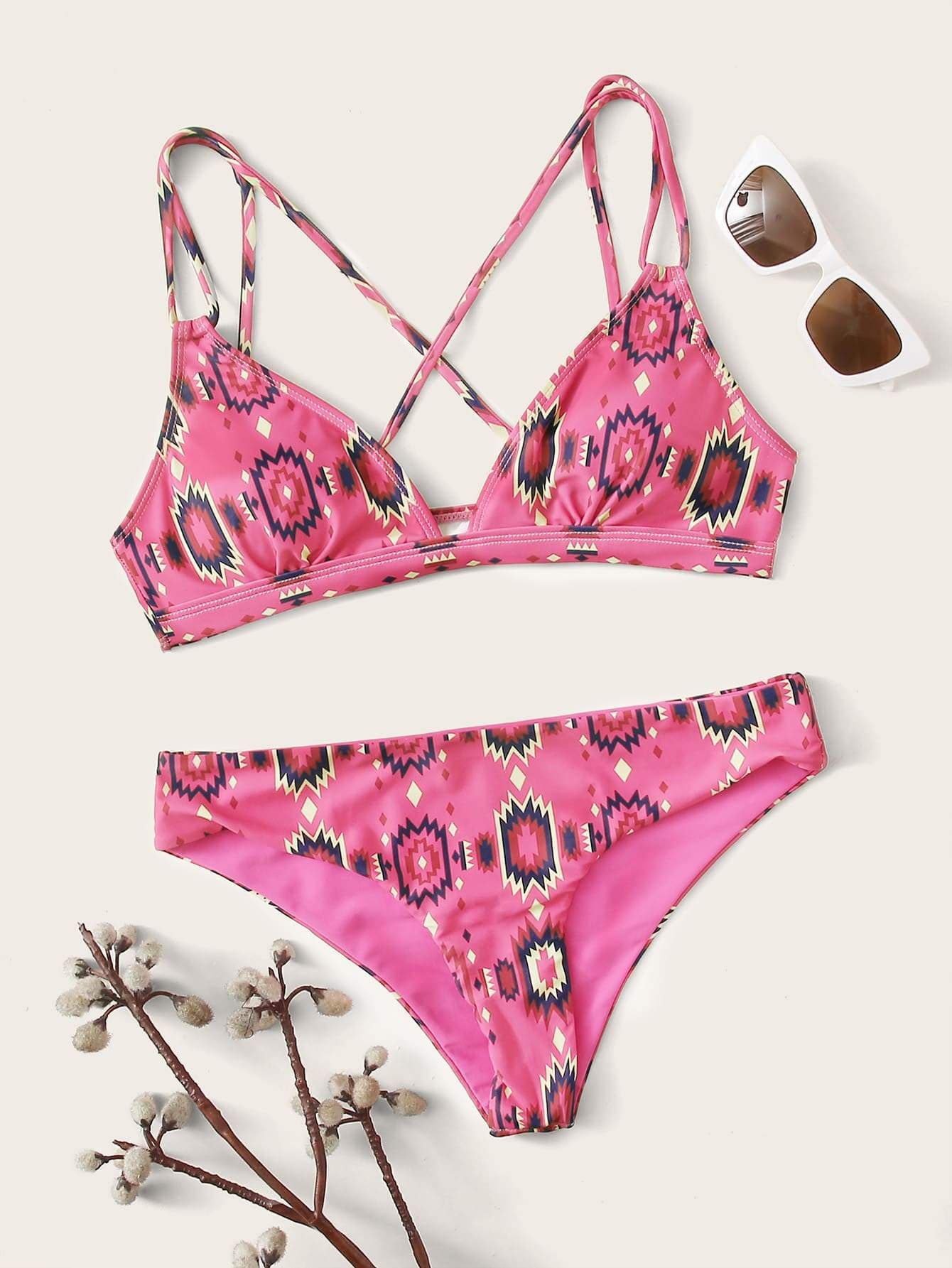 Angela Women's Clothing Geo Print Crisscross Bikini Swimsuit