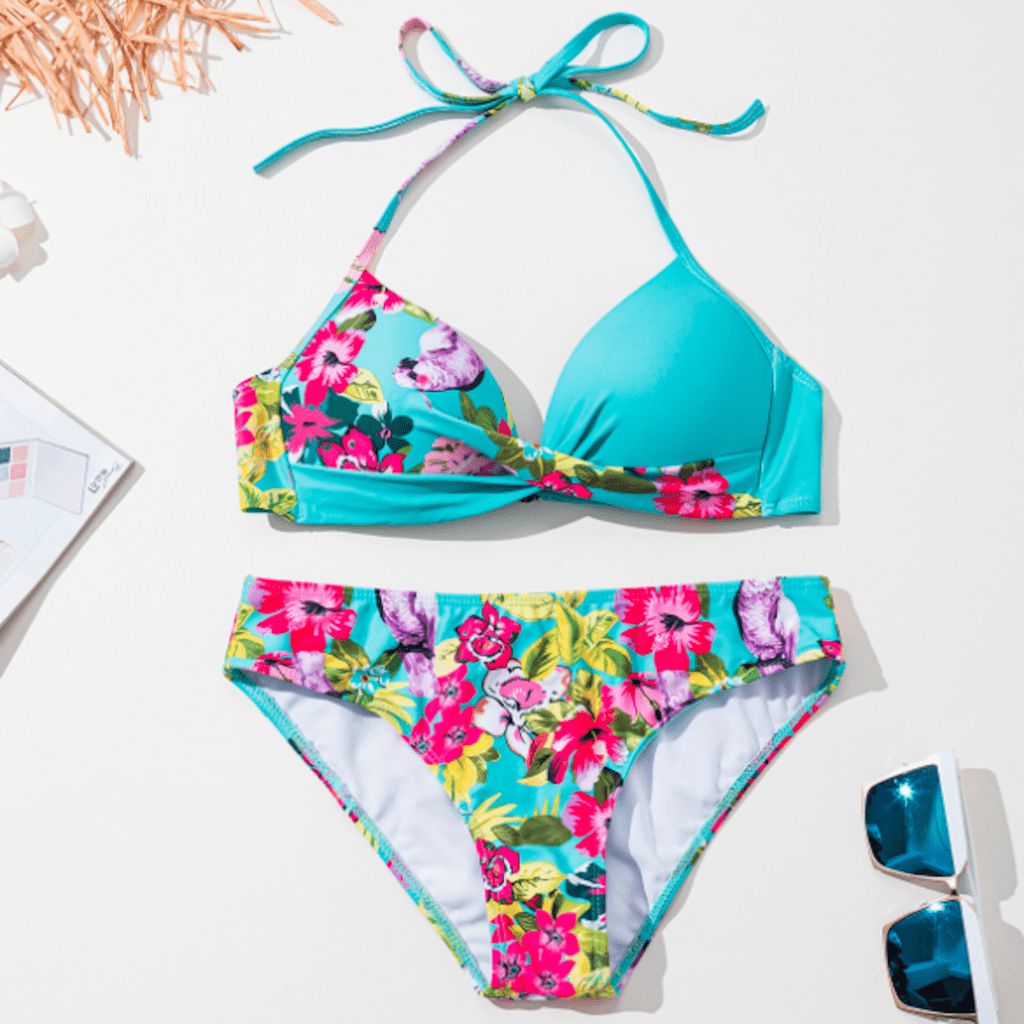 Yellow Pandora Swimwear Green Floral Print Wrap Bikini Set