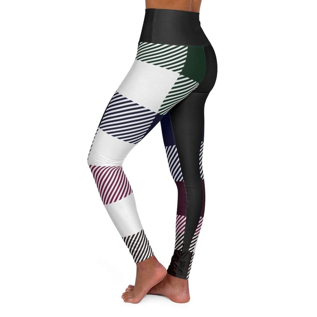 Grey Coco Activewear High Waist Fitness Leggings, Black Multicolor Plaid Print