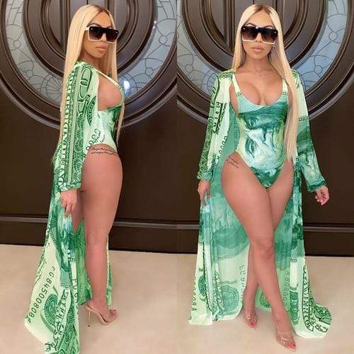 Maroon Ourea Women's Clothing L / Green Joskaa Money Print Beach Wear Swimming Suit for Women
