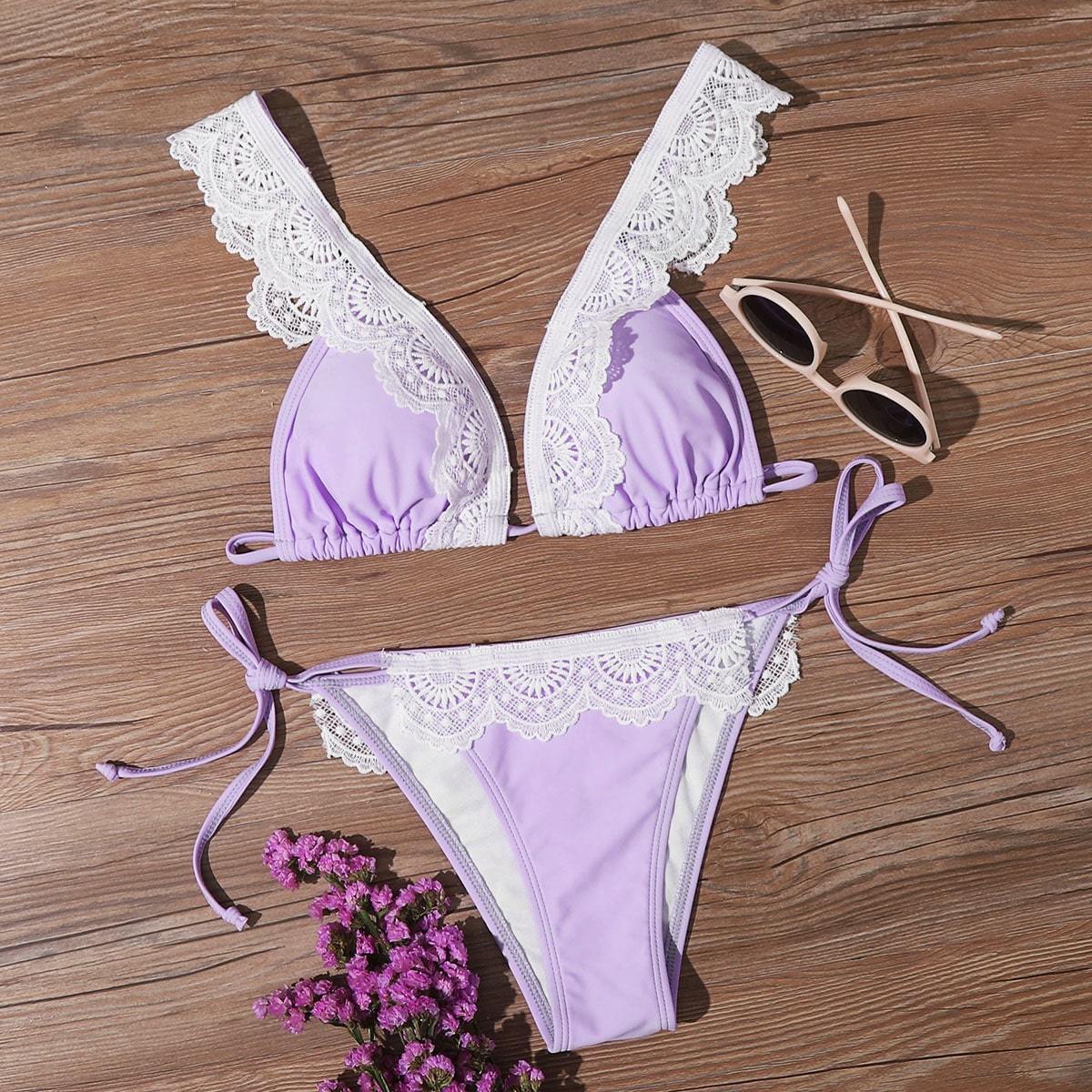 Angela Women's Clothing L / Purple Lace Trim Triangle Tie Side Bikini Swimsuit