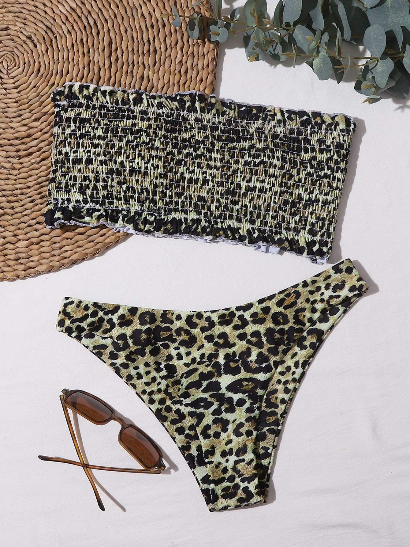 Angela Women's Clothing Leopard Smocked Bikini Swimsuit