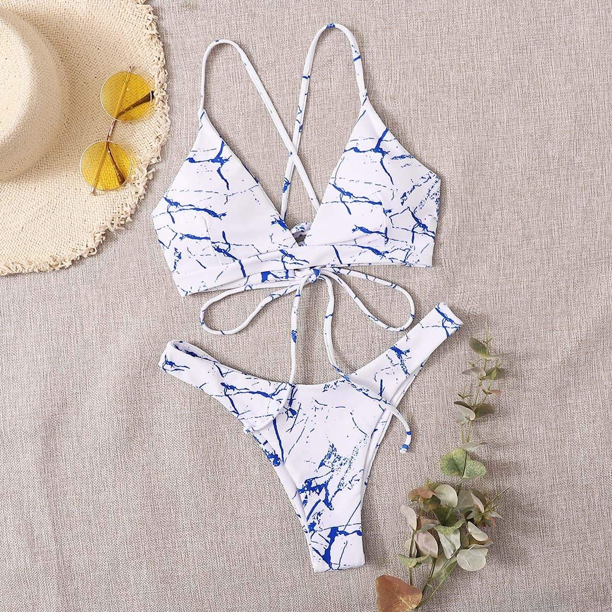Angela Women's Clothing L / Multicolor Marble Pattern High Cut Bikini Swimsuit