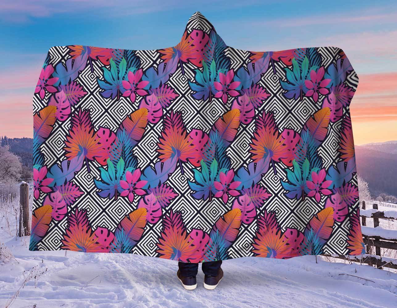 Orange Poppy Women's Clothing NEON Tropical Leaves Hooded Blanket