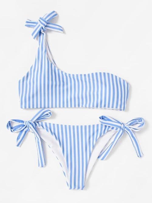Silver Sam Women's Clothing Large / Blue One Shoulder Top With Tie Side Bikini Set
