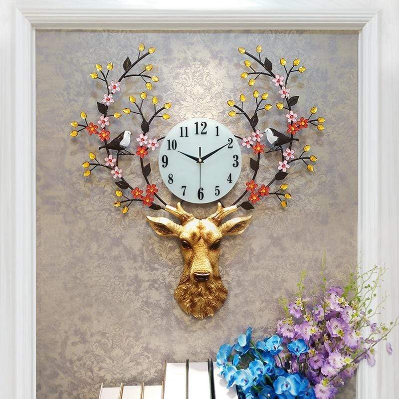 samauk Pastoral Style Metal Deer Head Flower Large Clock Home Art Decoration Statue Crafts Needle Mute Quartz Wall Watch Clocks Gifts