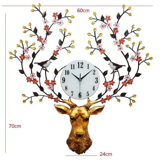 samauk Pastoral Style Metal Deer Head Flower Large Clock Home Art Decoration Statue Crafts Needle Mute Quartz Wall Watch Clocks Gifts