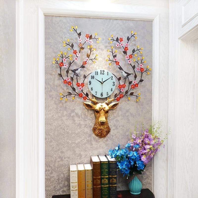 samauk Pastoral Style Metal Deer Head Flower Large Clock Home Art Decoration Statue Crafts Needle Mute Quartz Wall Watch Clocks Gifts