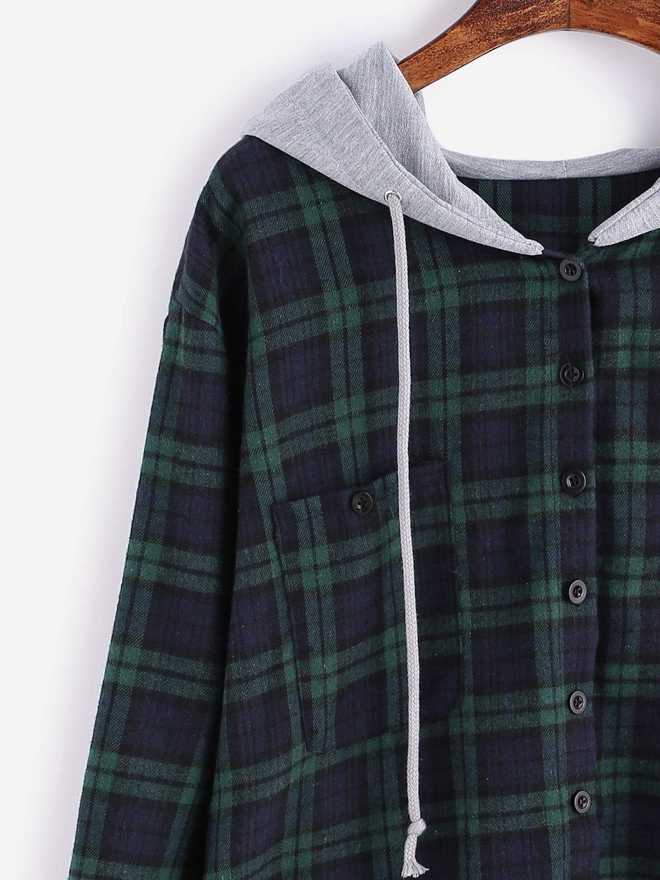 Celeste Sweaters & Hoodies Plaid Button Pocket Sweatshirt With Contrast Hood