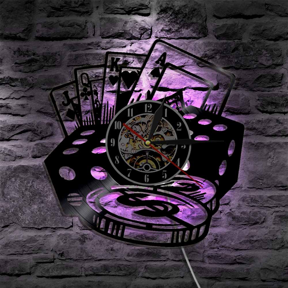hansleii Poker Stars Card Wall Clocks Vinyl Record Wall Clock with LED Blacklight Creative 3D Decorative Hanging Black Watch Home Decor