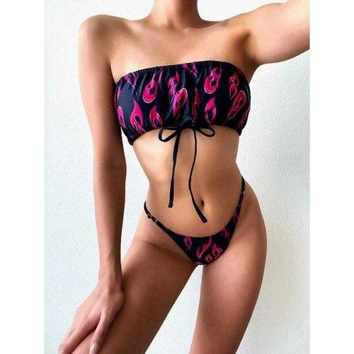 Silver Sam Swimwear L / Hot Pink Print Bikini Set Flame Drawstring Push up Beachwear
