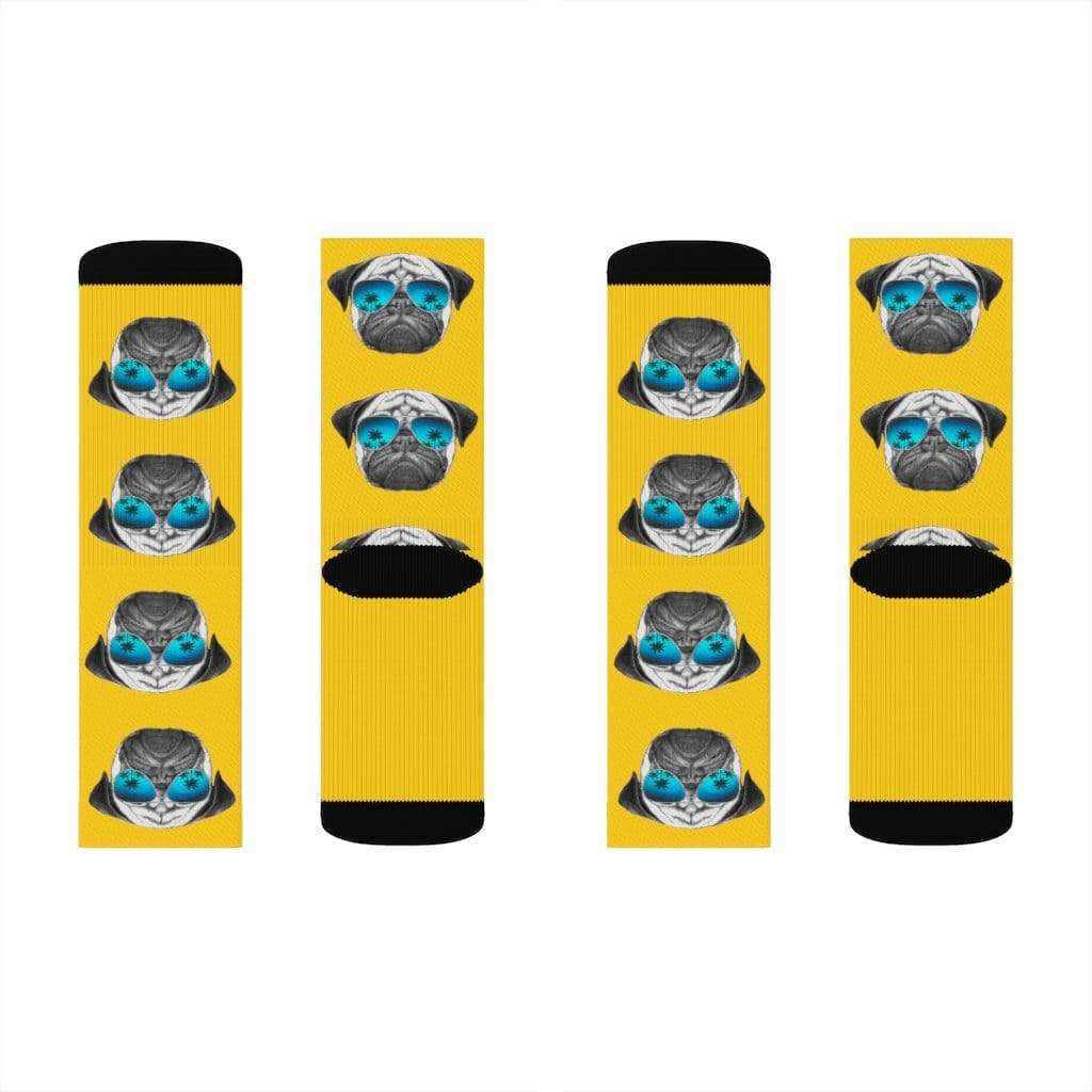 Yellow Pandora Socks Pug in Sunglasses Fun Novelty Socks