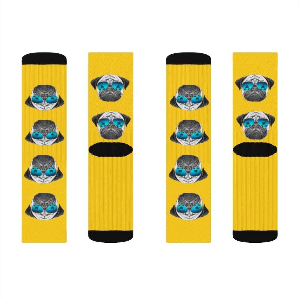Yellow Pandora Socks Pug in Sunglasses Fun Novelty Socks