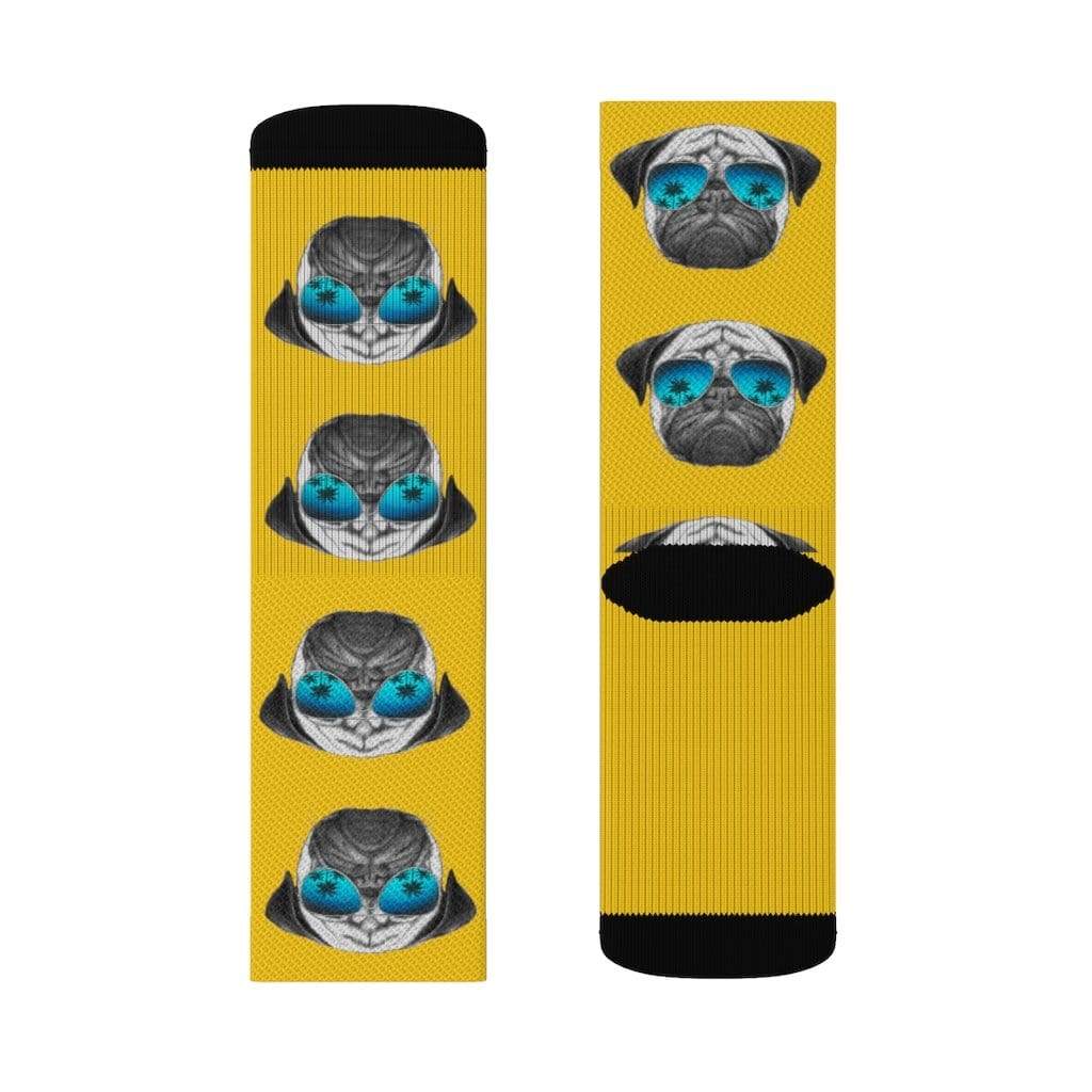 Yellow Pandora Socks Pug in Sunglasses Fun Novelty Socks