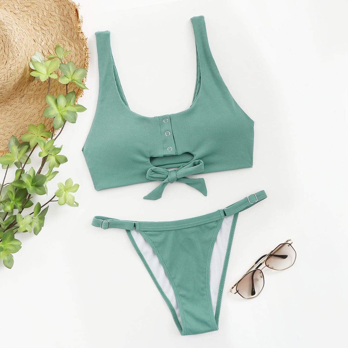 Angela Women's Clothing M / Green Rib Knot Front Thong Bikini Swimsuit