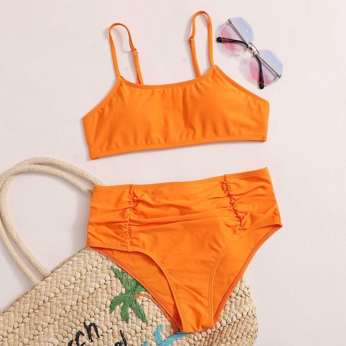 Angela Women's Clothing S / Orange Ruched High Waisted Bikini Swimsuit