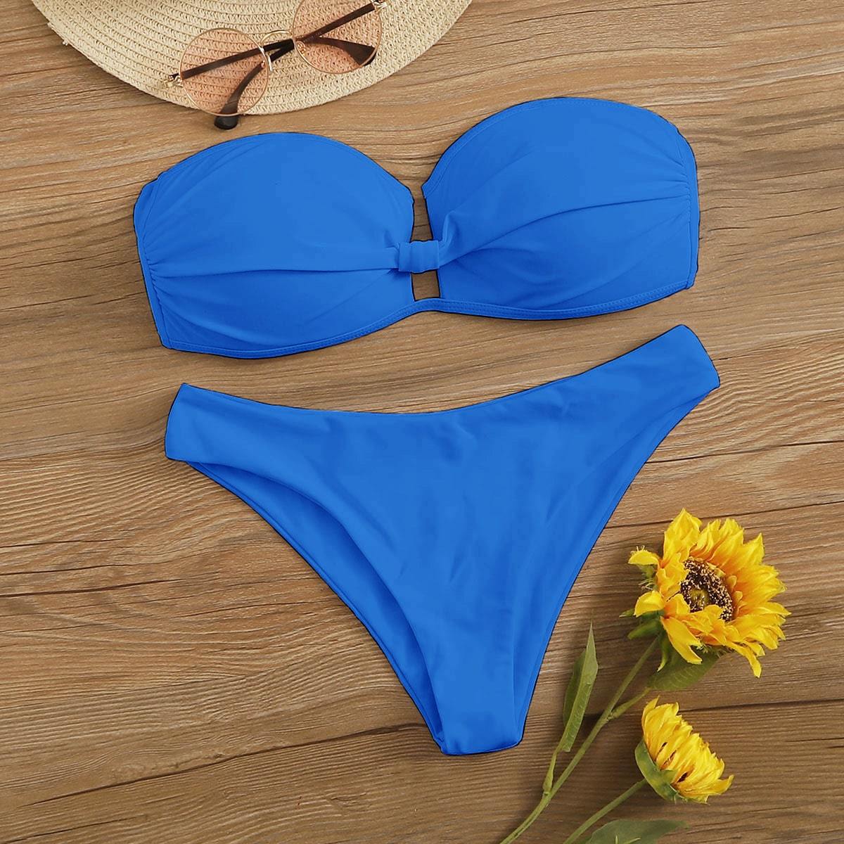 Celeste Women's Clothing Ruched Knot Back Bandeau Bikini Swimsuit