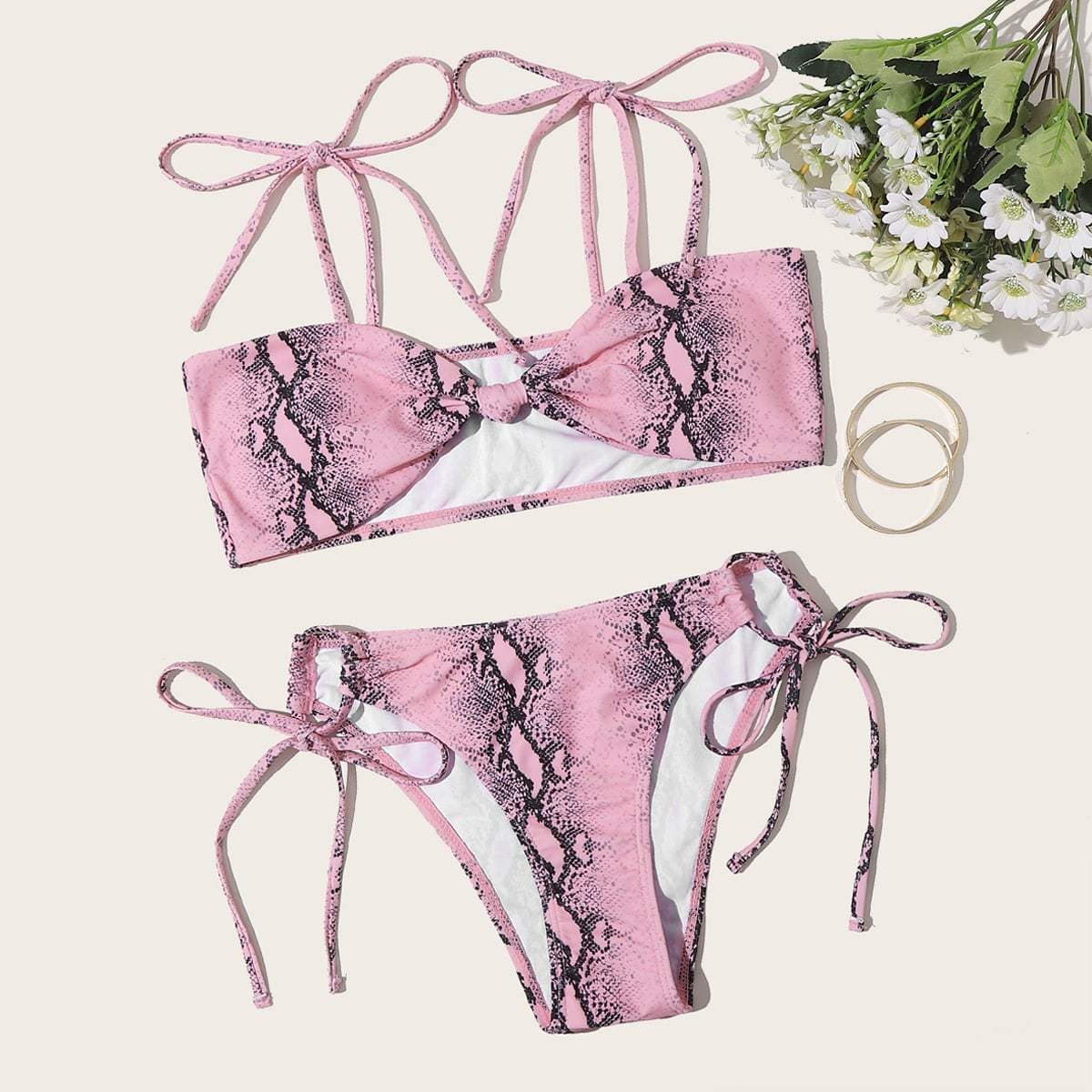 Angela Women's Clothing M / Pink Snakeskin Knot Tie Side Bikini Swimsuit