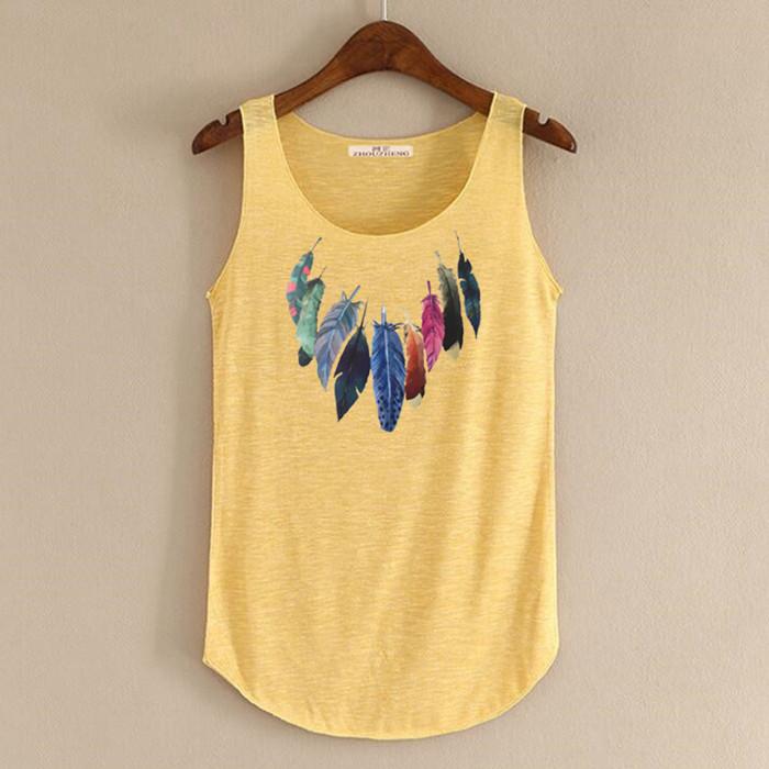hansleii Yellow / One Size Spring Summer New Tank Tops Women Sleeveless Round Neck Loose Tees 2018 Ladies Colored Feathers Printing T Shirt Vest Singlets