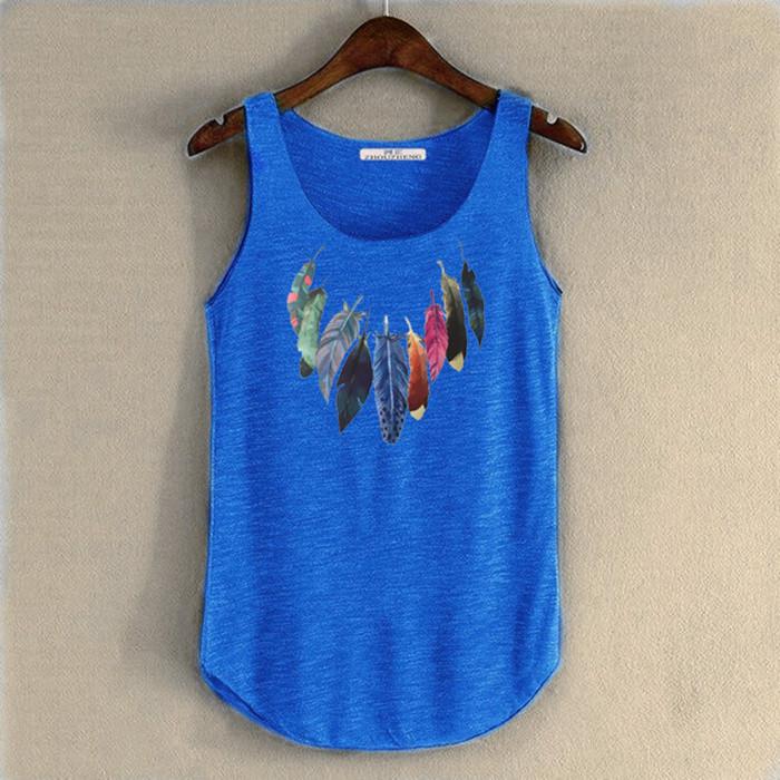 hansleii Dark blue / One Size Spring Summer New Tank Tops Women Sleeveless Round Neck Loose Tees 2018 Ladies Colored Feathers Printing T Shirt Vest Singlets