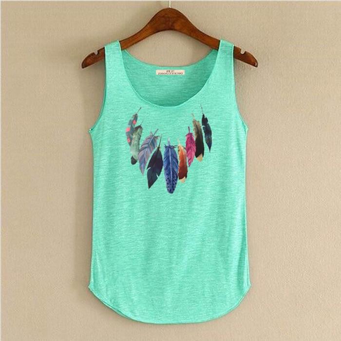 hansleii blue green / One Size Spring Summer New Tank Tops Women Sleeveless Round Neck Loose Tees 2018 Ladies Colored Feathers Printing T Shirt Vest Singlets