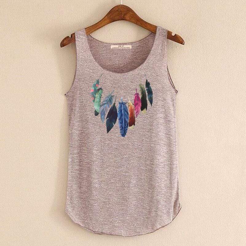 hansleii Spring Summer New Tank Tops Women Sleeveless Round Neck Loose Tees 2018 Ladies Colored Feathers Printing T Shirt Vest Singlets