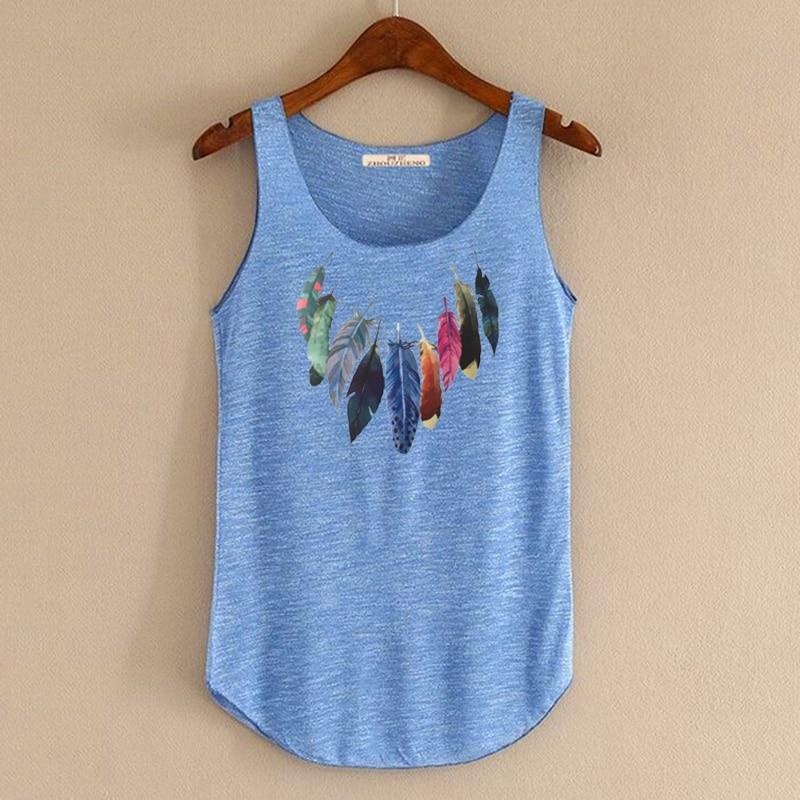 hansleii Spring Summer New Tank Tops Women Sleeveless Round Neck Loose Tees 2018 Ladies Colored Feathers Printing T Shirt Vest Singlets