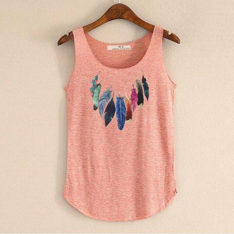hansleii Spring Summer New Tank Tops Women Sleeveless Round Neck Loose Tees 2018 Ladies Colored Feathers Printing T Shirt Vest Singlets
