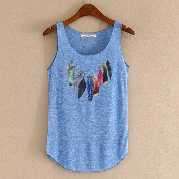 hansleii Blue / One Size Spring Summer New Tank Tops Women Sleeveless Round Neck Loose Tees 2018 Ladies Colored Feathers Printing T Shirt Vest Singlets