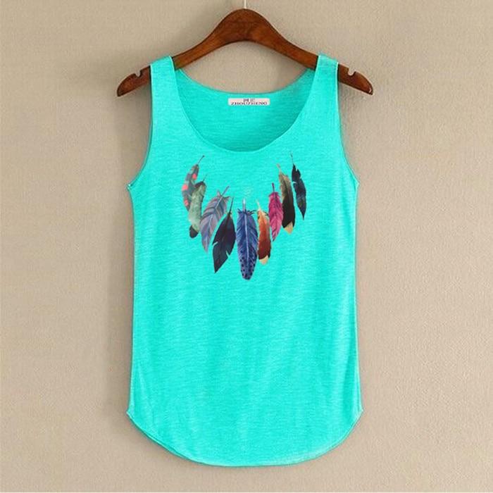 hansleii Sky Blue / One Size Spring Summer New Tank Tops Women Sleeveless Round Neck Loose Tees 2018 Ladies Colored Feathers Printing T Shirt Vest Singlets